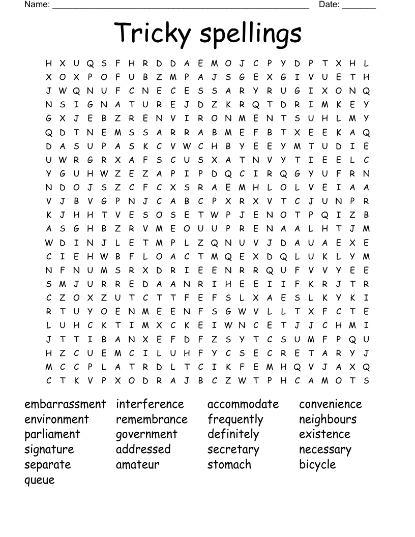 Tricky spellings Word Search