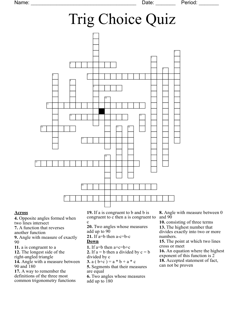 Trig Choice Quiz Crossword