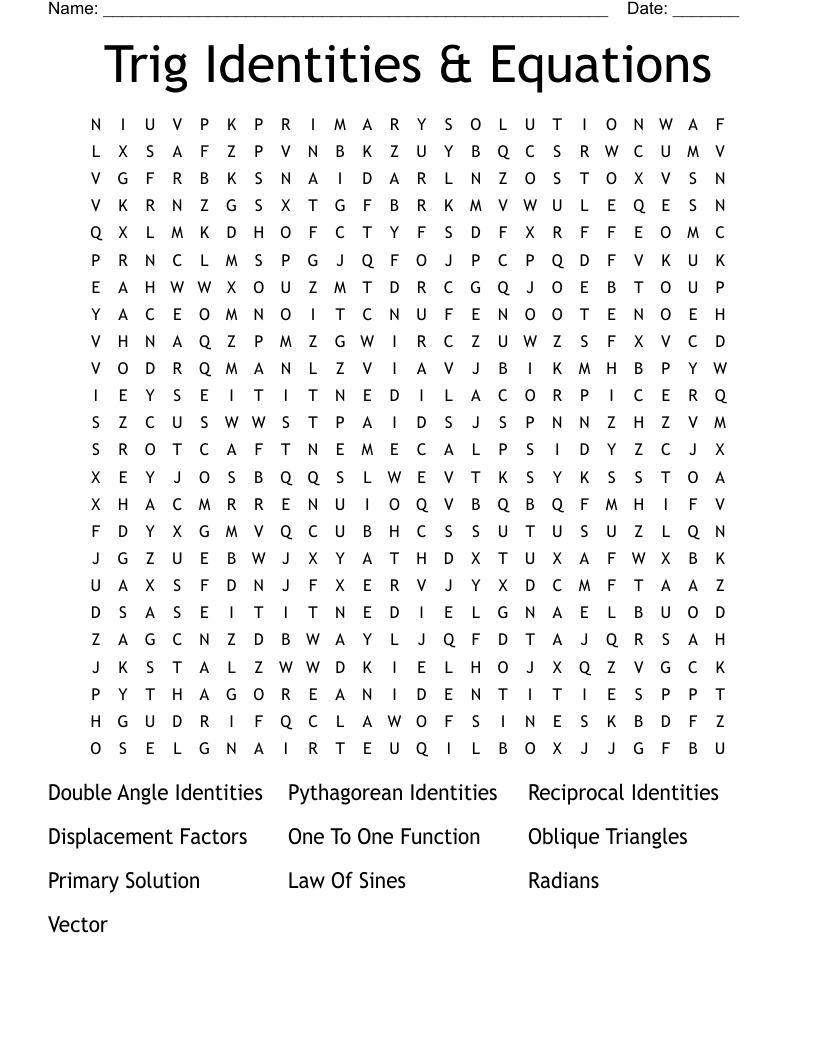 Trig Identities & Equations Word Search