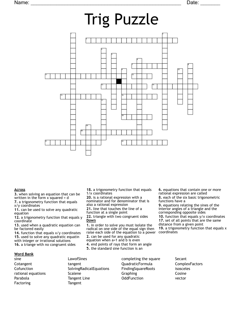 Trig Puzzle Crossword