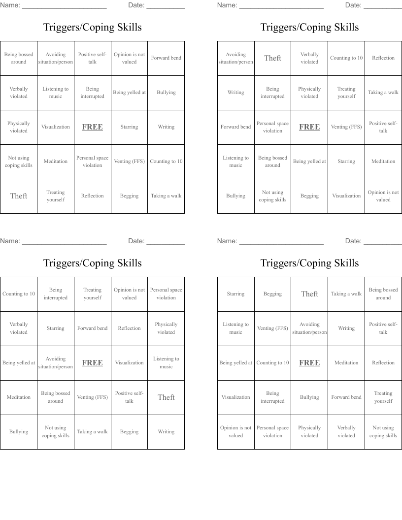 Triggers/Coping Skills Bingo Cards