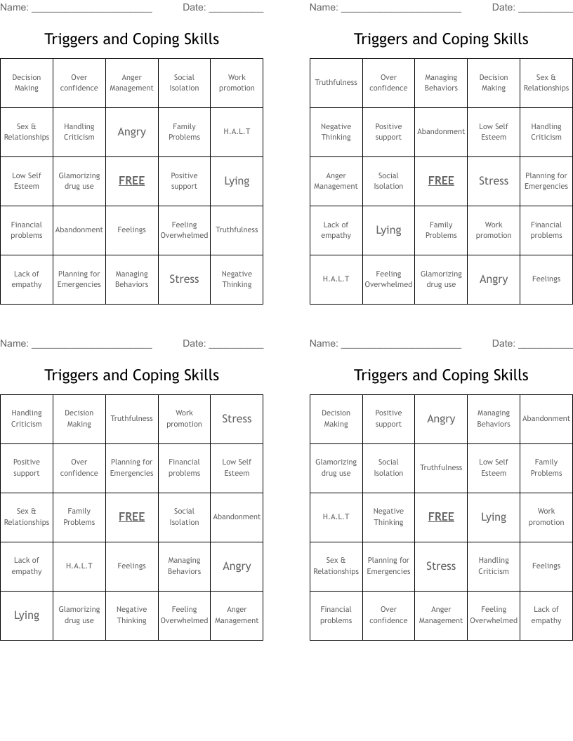 Triggers and Coping Skills Bingo Cards