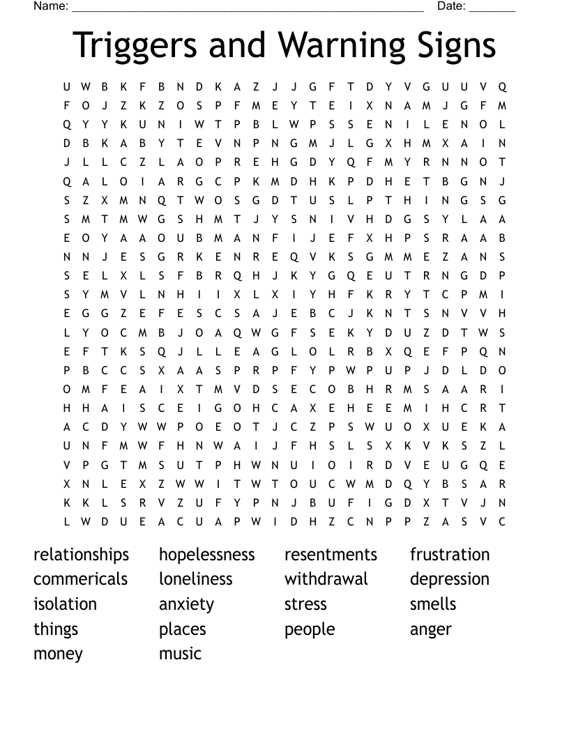 Triggers and Warning Signs Word Search
