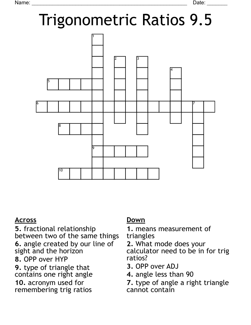 Trigonometric Ratios 9.5 Crossword
