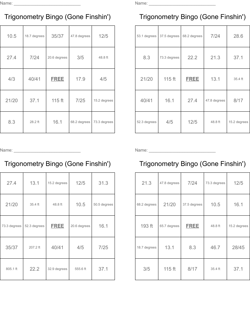 Trigonometry Bingo (Gone Finshin')