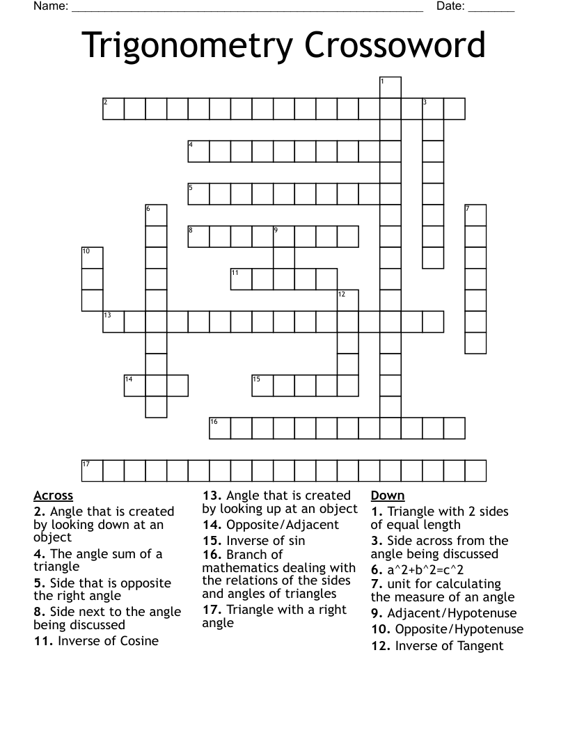 Trigonometry Crossoword Crossword
