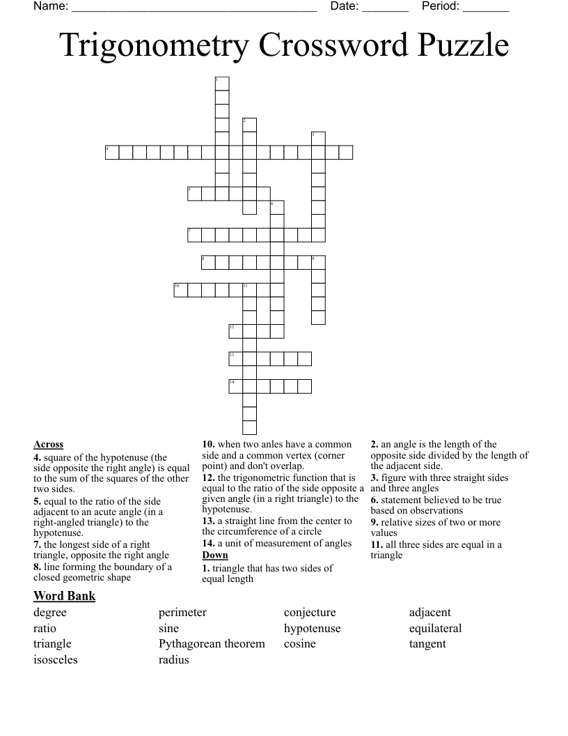 Trigonometry Crossword Puzzle