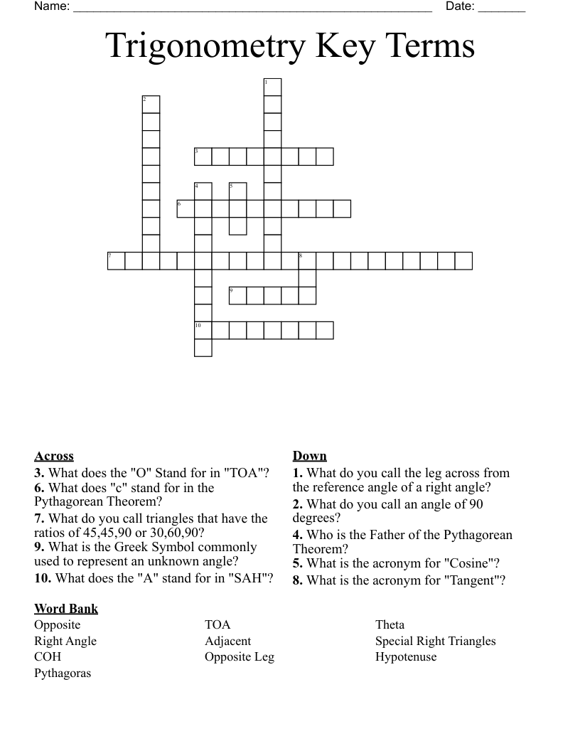 Trigonometry Key Terms Crossword