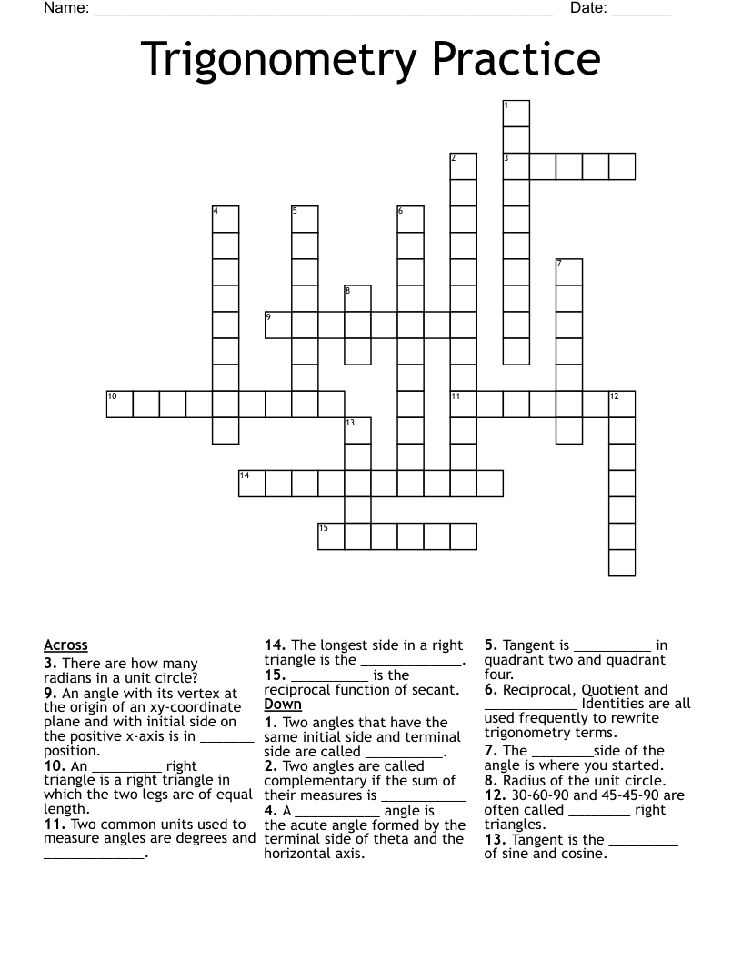 Trigonometry Practice Crossword