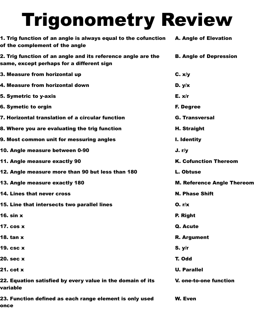 Trigonometry Review Worksheet