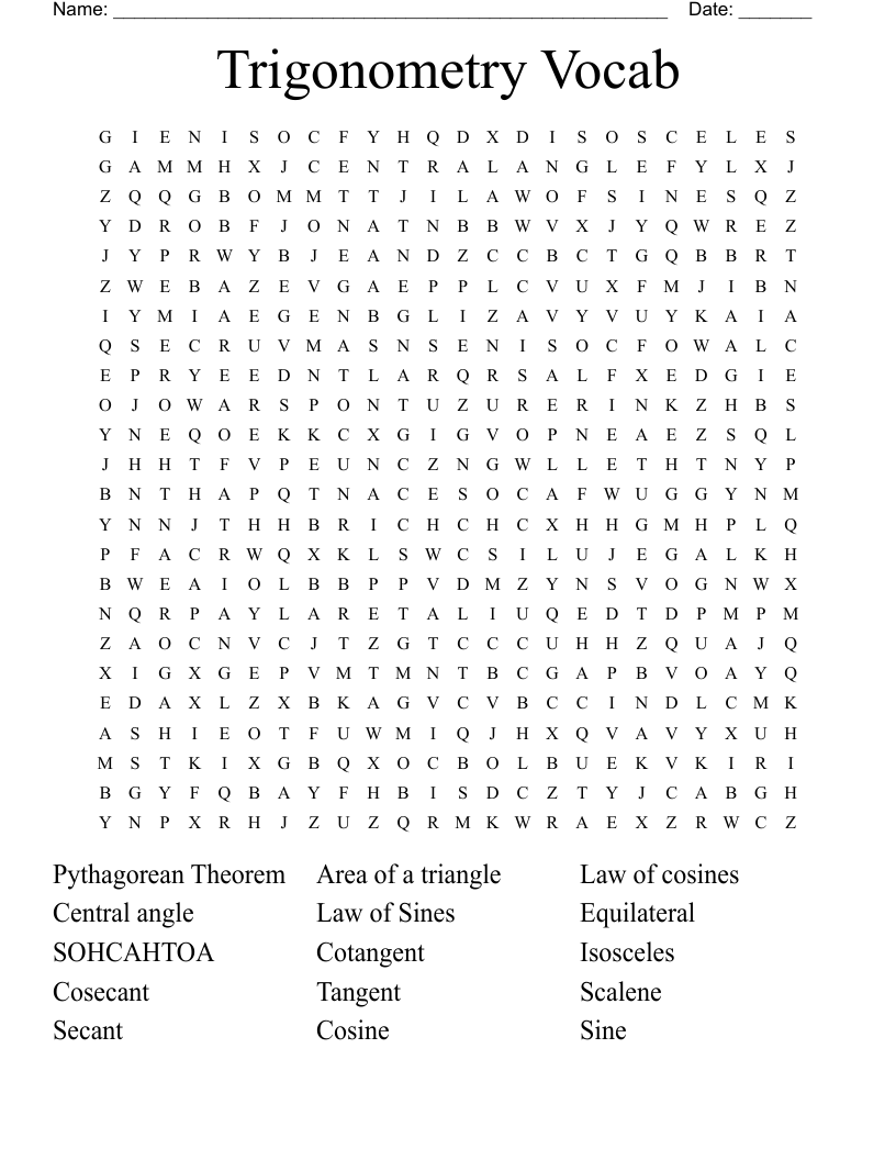 Trigonometry Vocab Word Search