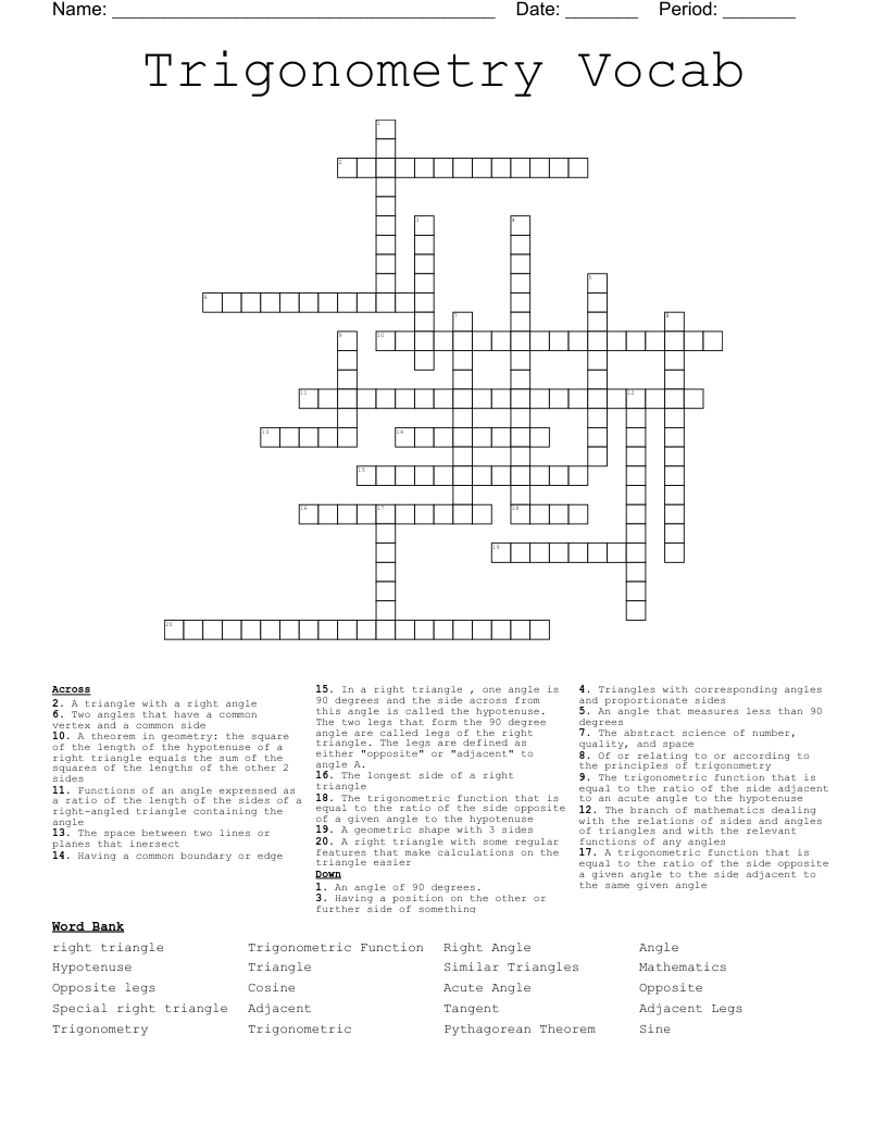 Trigonometry Vocab Crossword