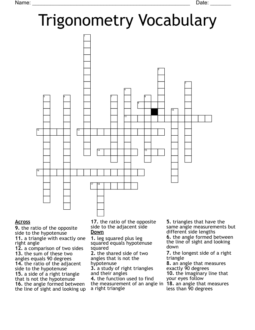 Trigonometry Vocabulary Crossword