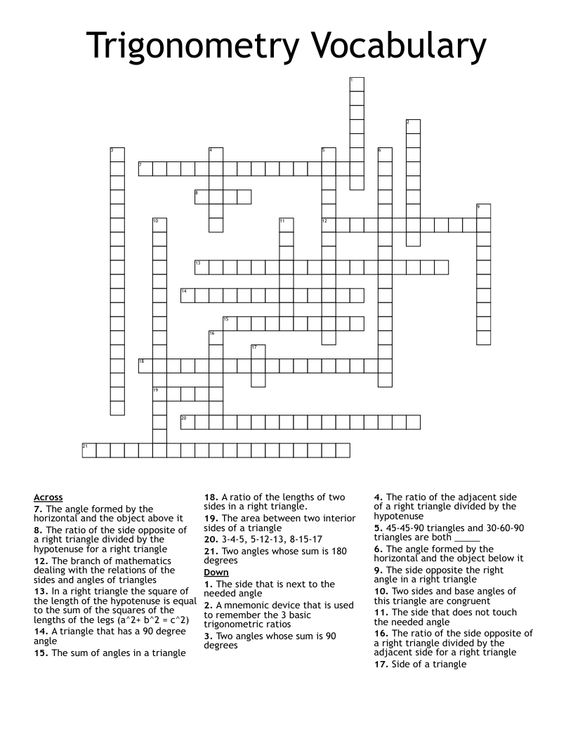 Trigonometry Vocabulary Crossword