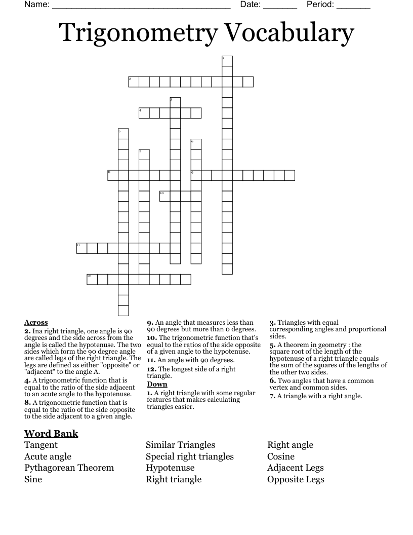 Trigonometry Vocabulary Crossword