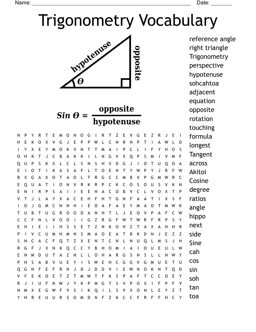 Trigonometry Vocabulary Word Search