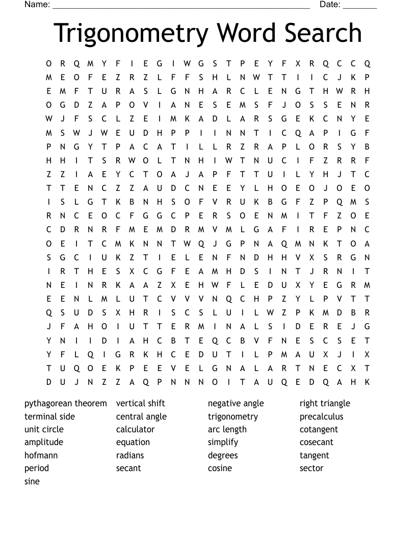 Trigonometry Word Search