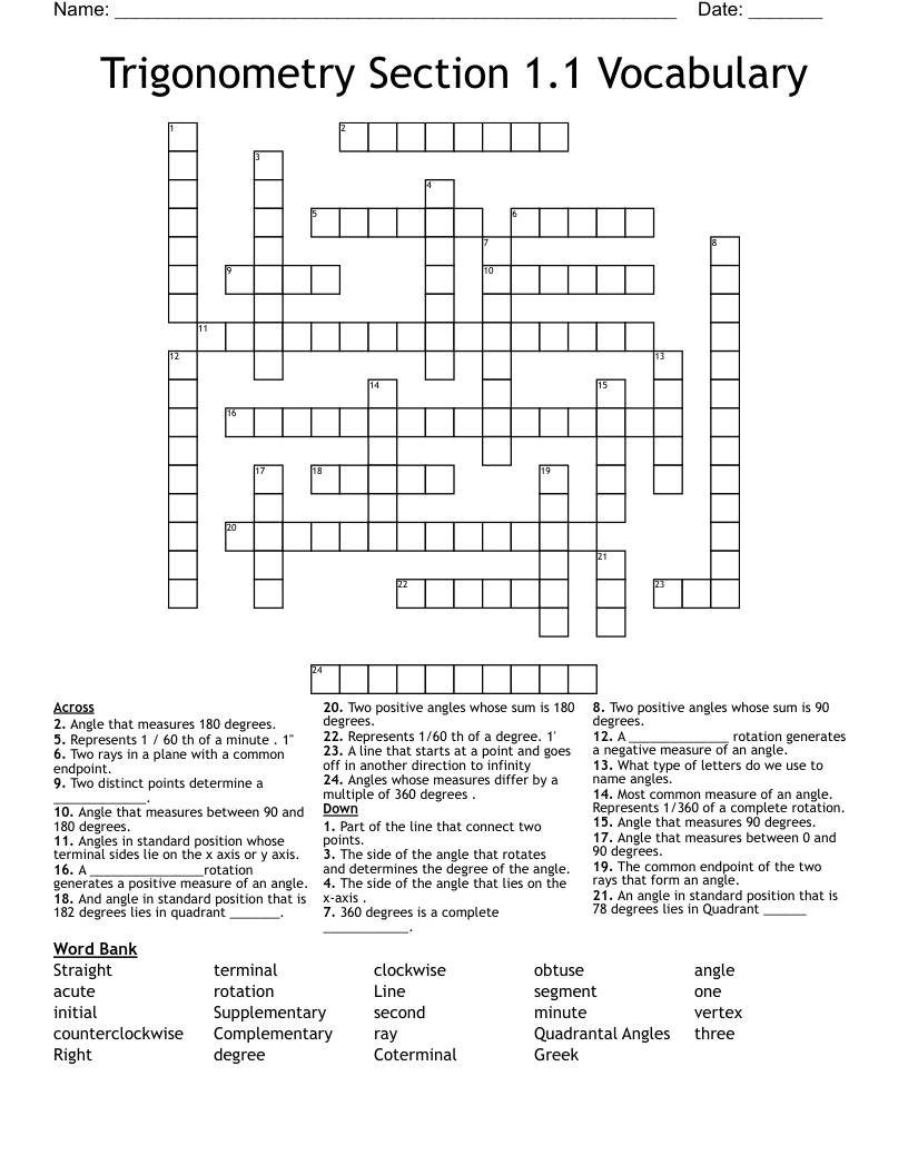 Trigonometry  Section 1.1 Vocabulary Crossword