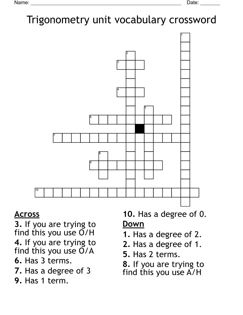 Trigonometry unit vocabulary crossword 