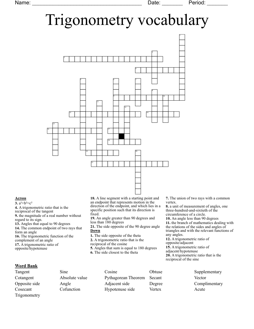 Trigonometry vocabulary Crossword