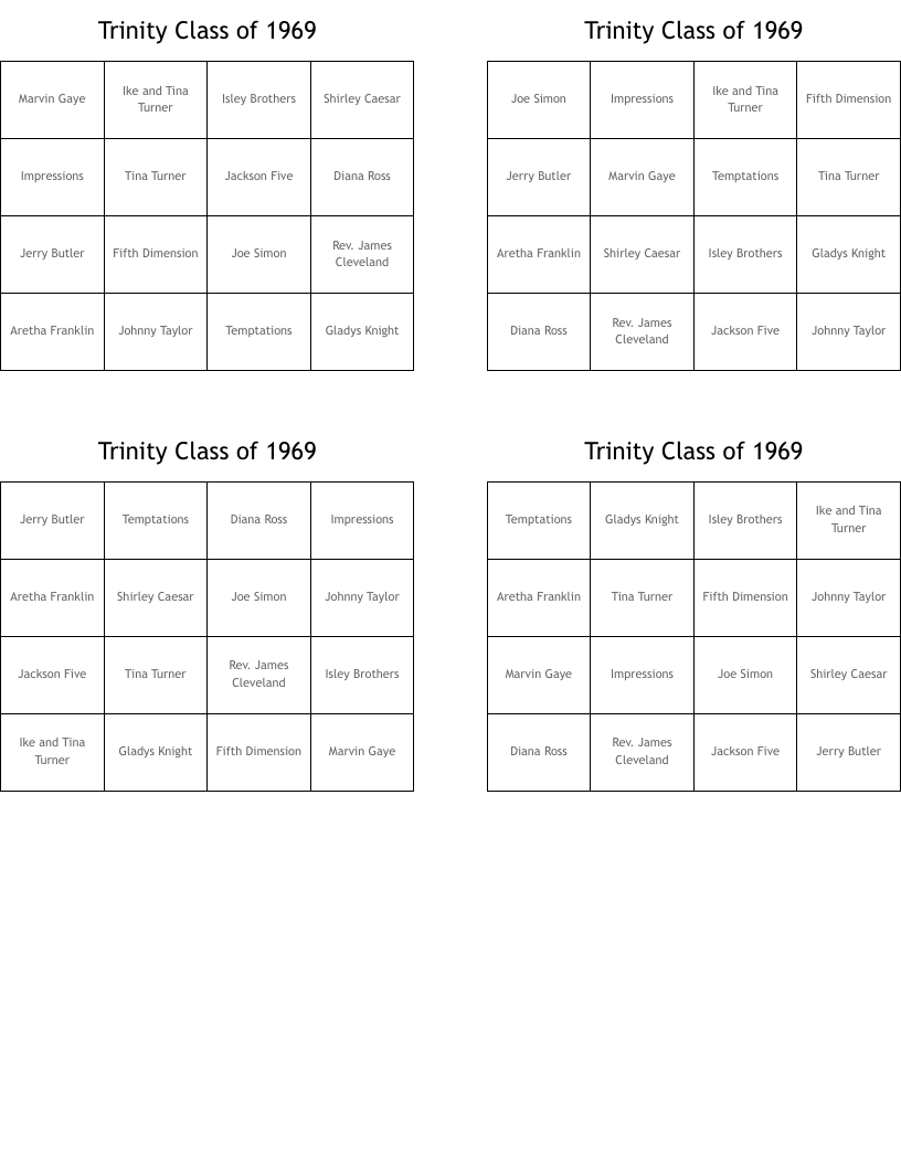 Trinity Class of 1969 Bingo Cards