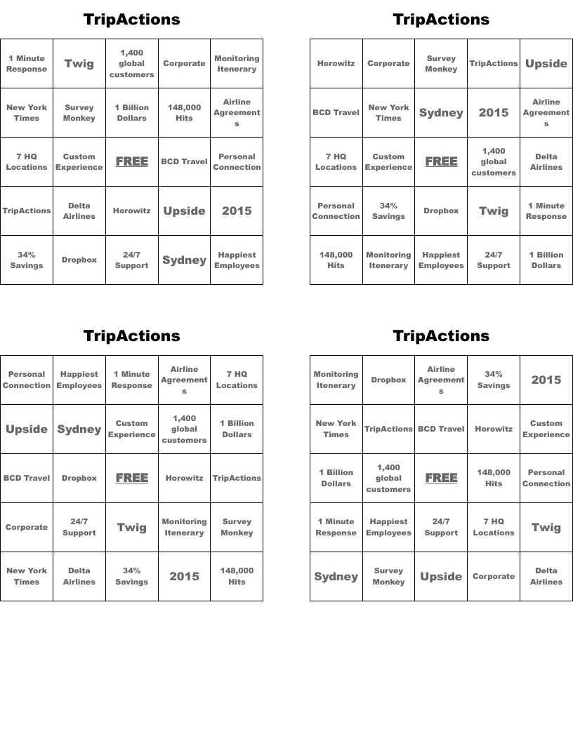 TripActions Bingo Cards