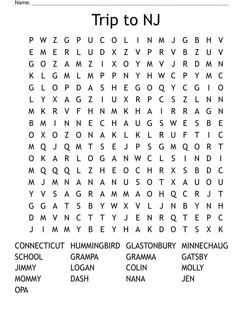 Trip to NJ Word Search