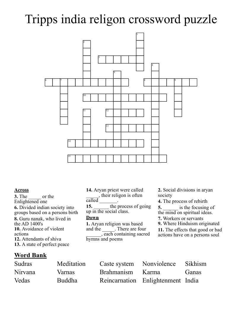 Tripps india religon crossword puzzle