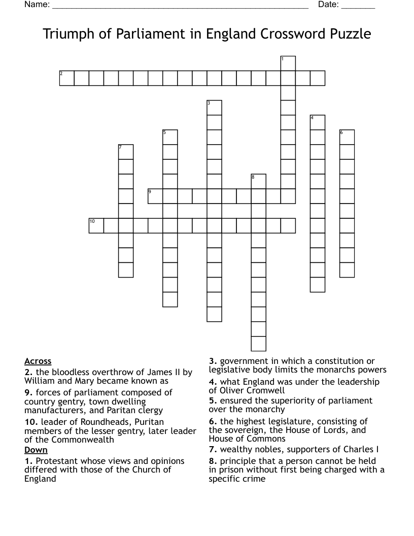 Triumph of Parliament in England Crossword Puzzle