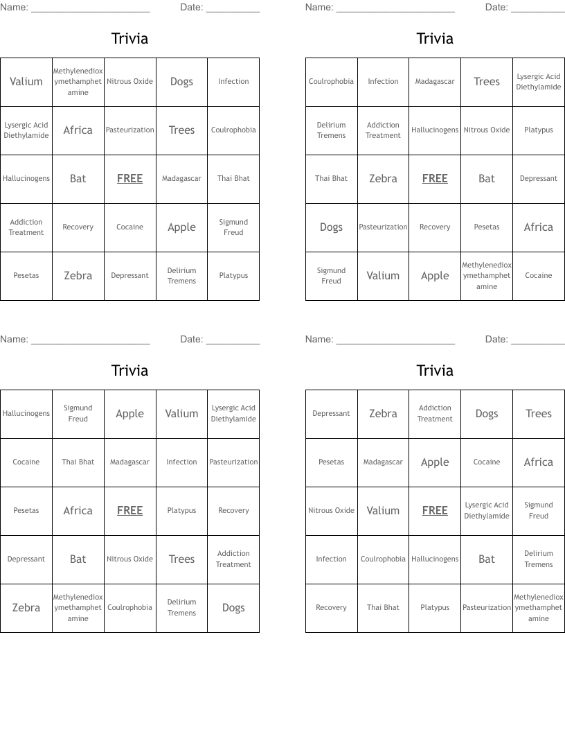 Trivia Bingo Cards