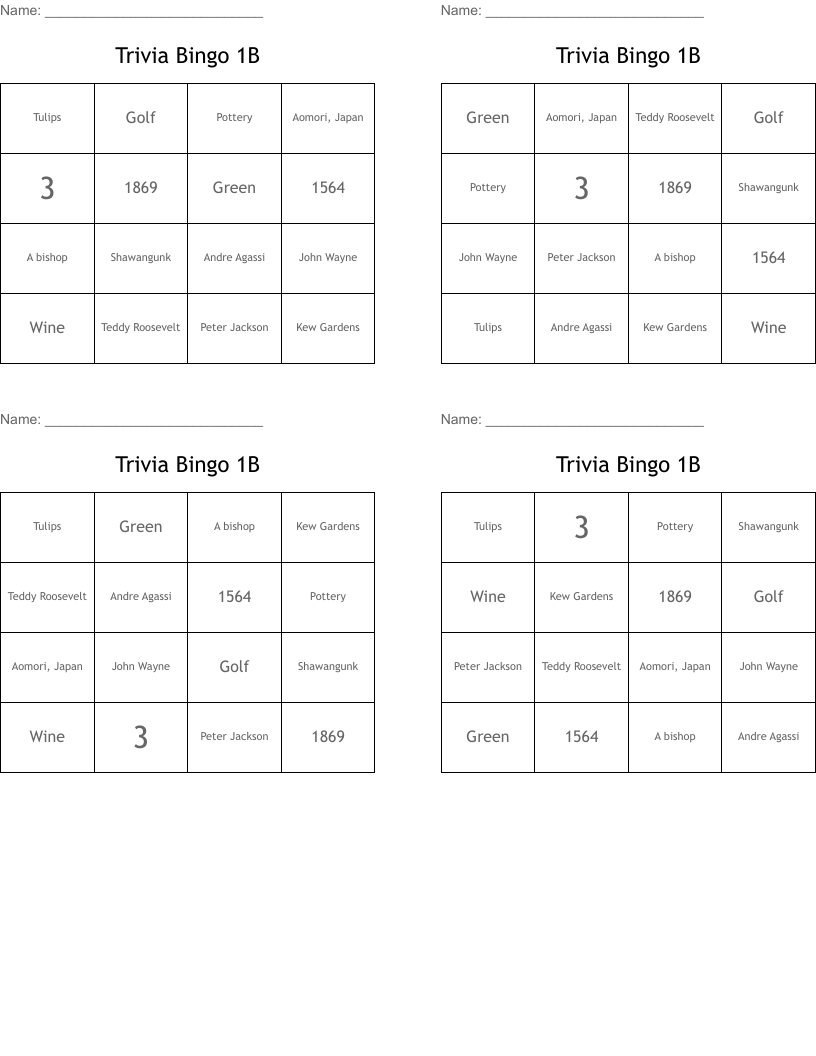 Trivia Bingo 1B