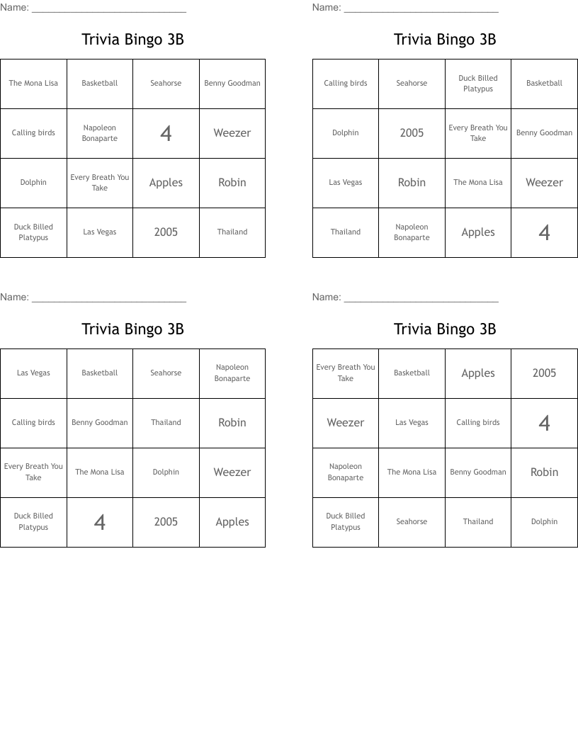 Trivia Bingo 3B