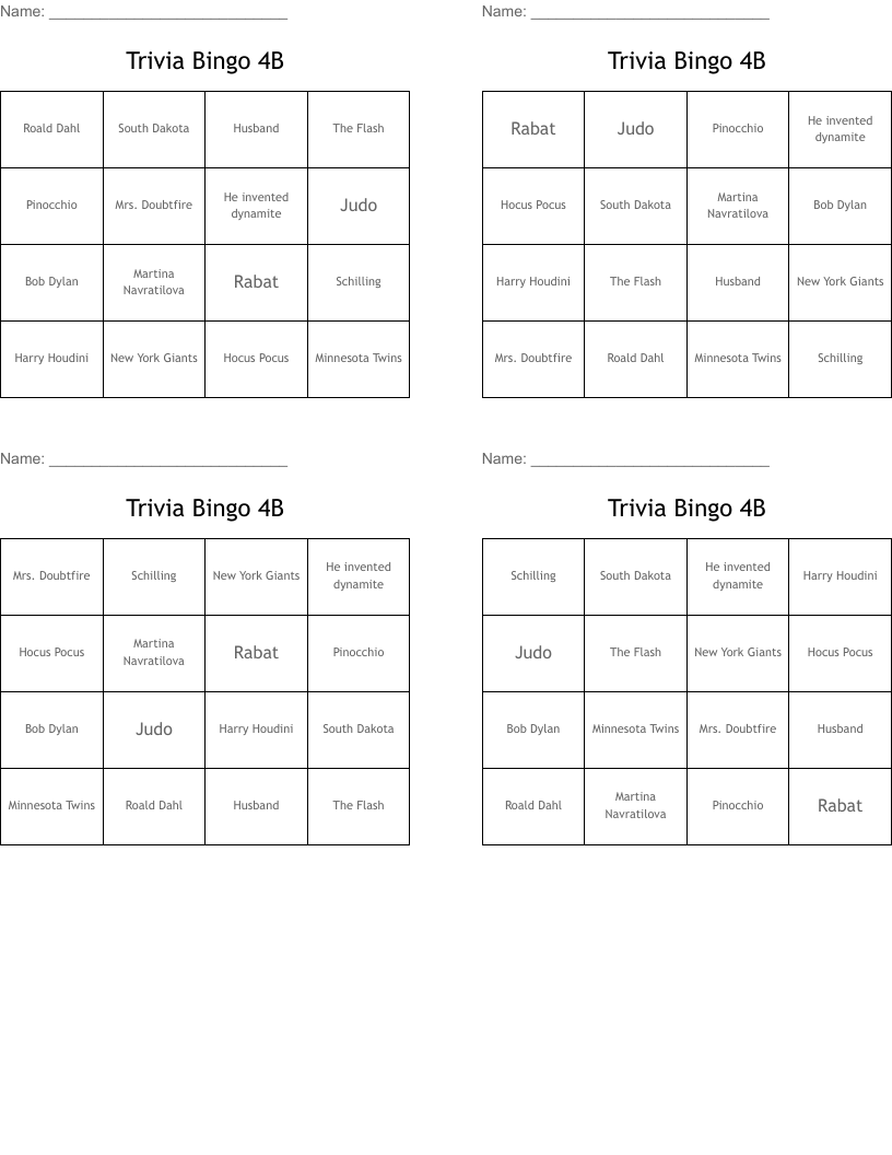 Trivia Bingo 4B