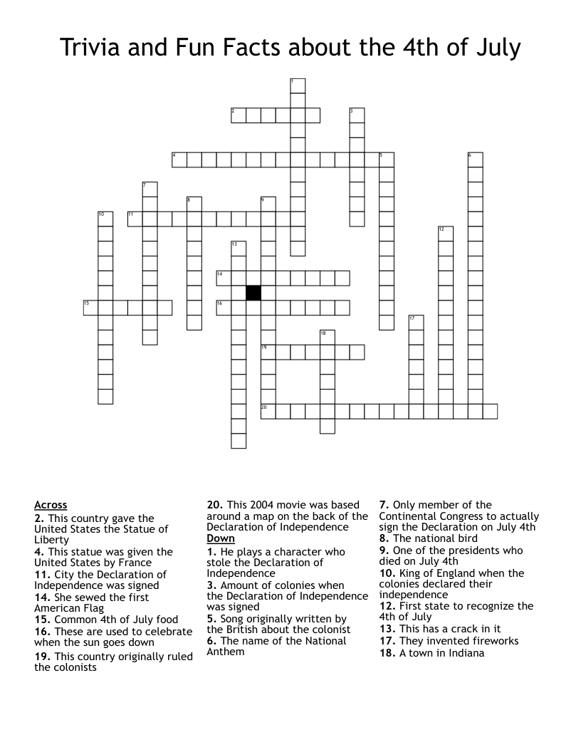 Trivia and Fun Facts about the 4th of July Crossword