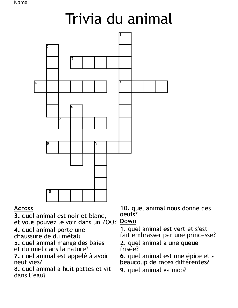 Trivia du animal Crossword