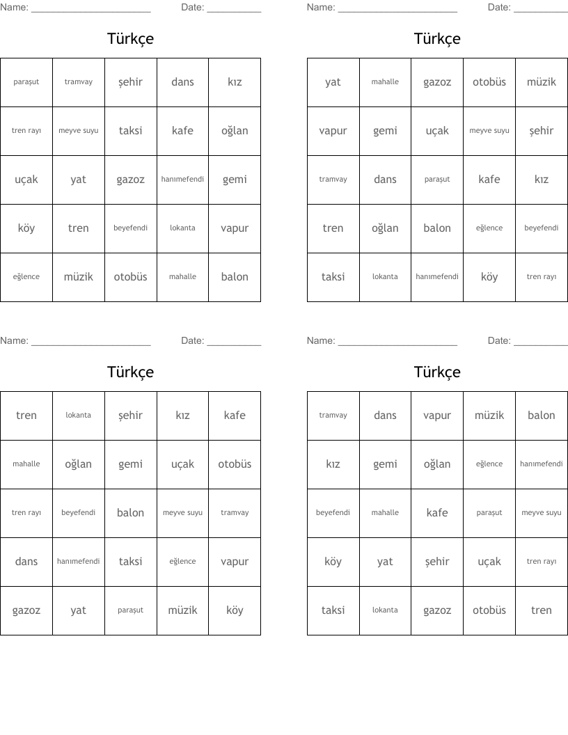 Türkçe Bingo Cards