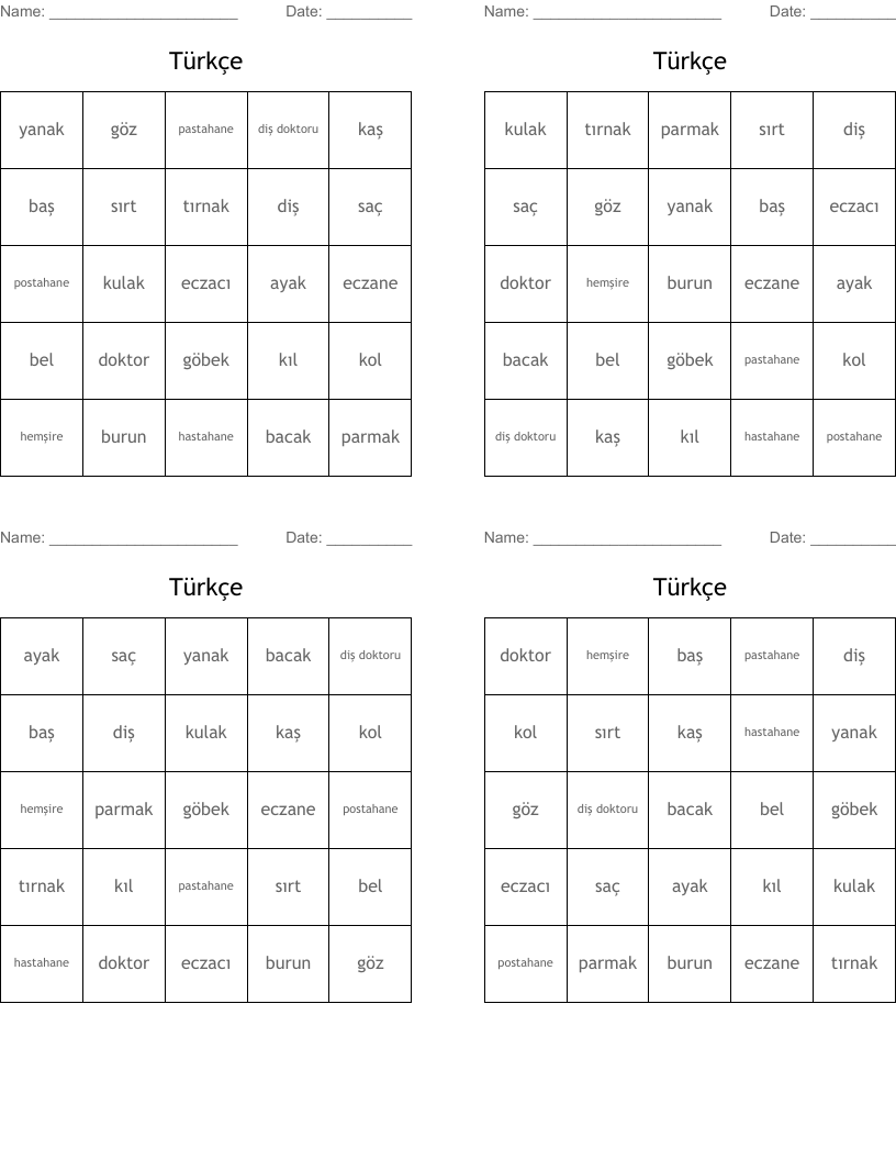 Türkçe Bingo Cards