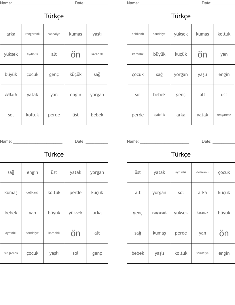 Türkçe Bingo Cards