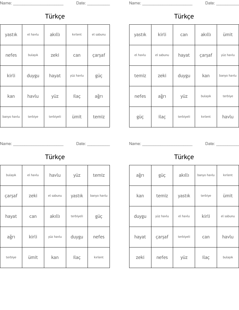 Türkçe Bingo Cards