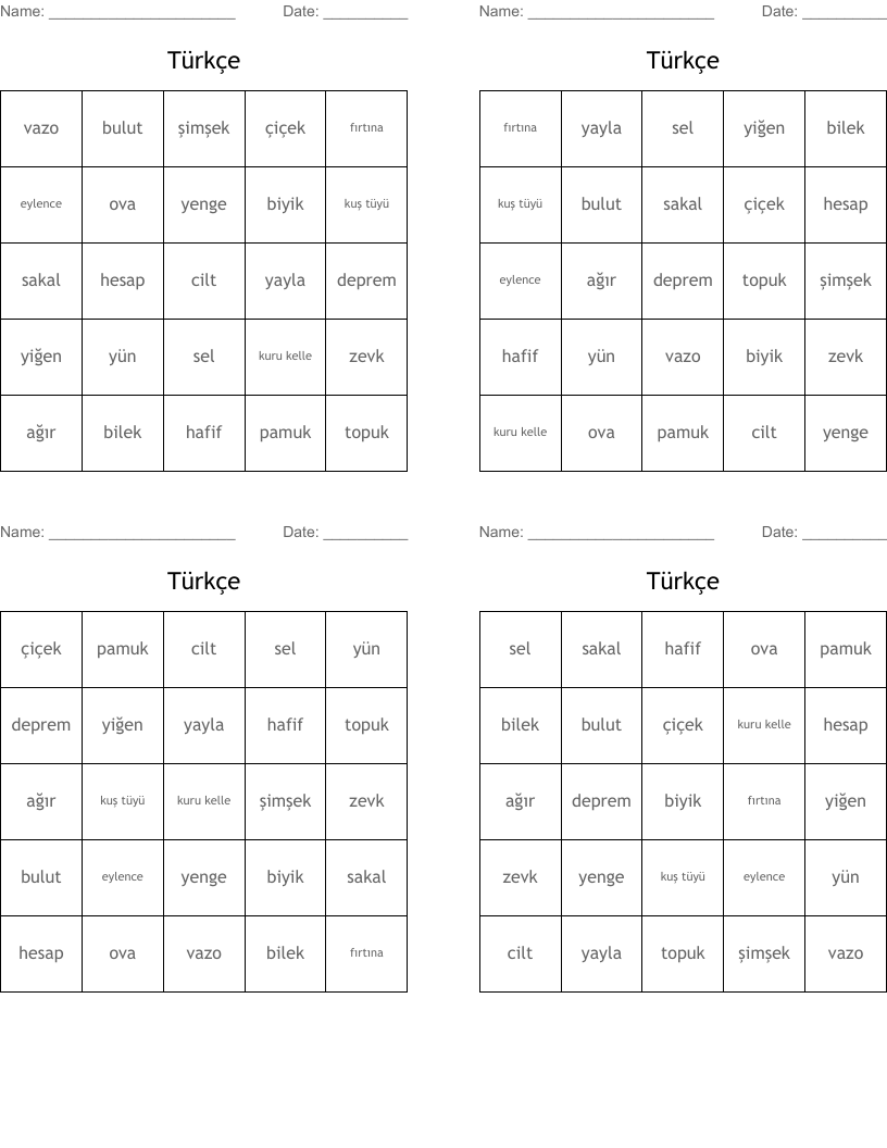 Türkçe Bingo Cards