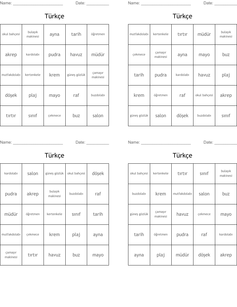 Türkçe Bingo Cards