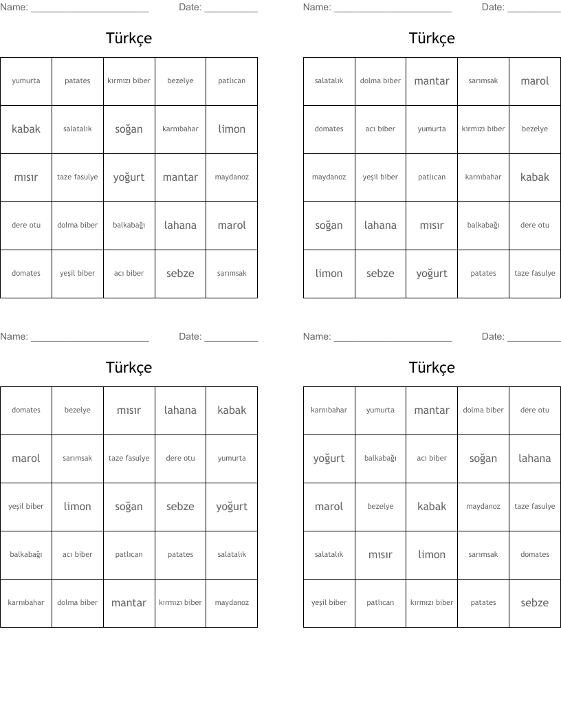 Türkçe Bingo Cards