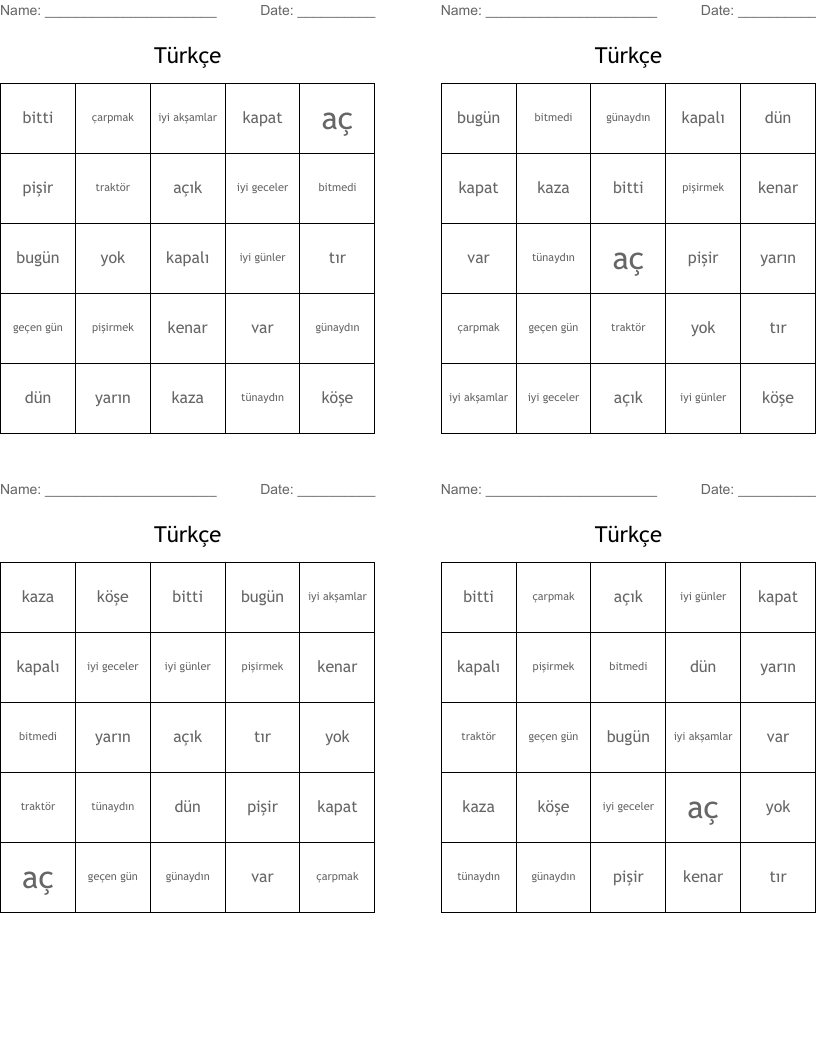 Türkçe Bingo Cards