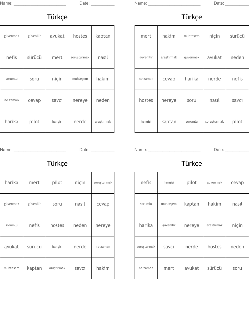 Türkçe Bingo Cards