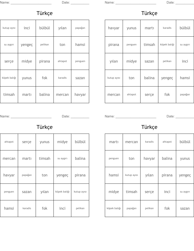 Türkçe Bingo Cards