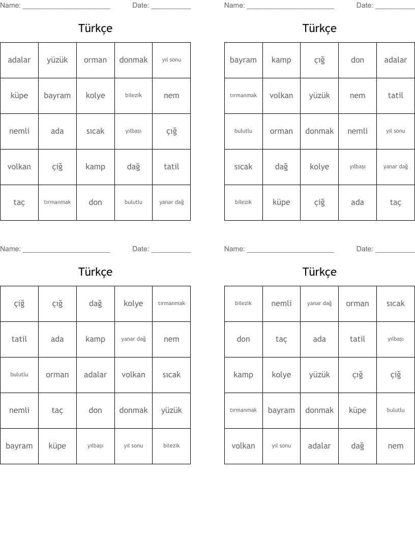 Türkçe Bingo Cards