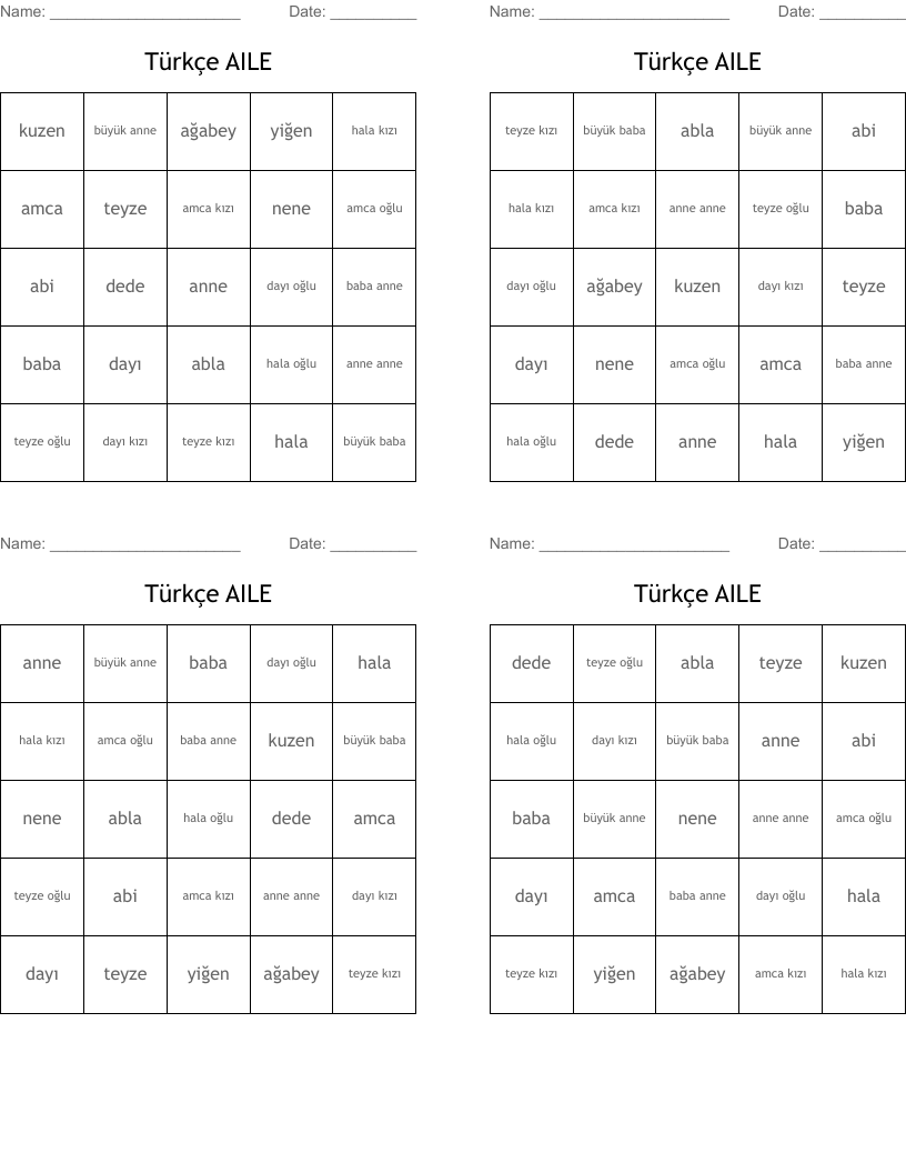 Türkçe AILE  Bingo Cards