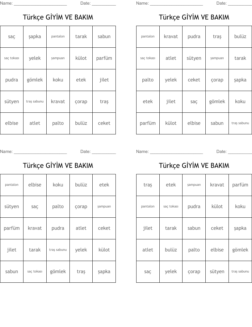 Türkçe GİYİM VE BAKIM Bingo Cards