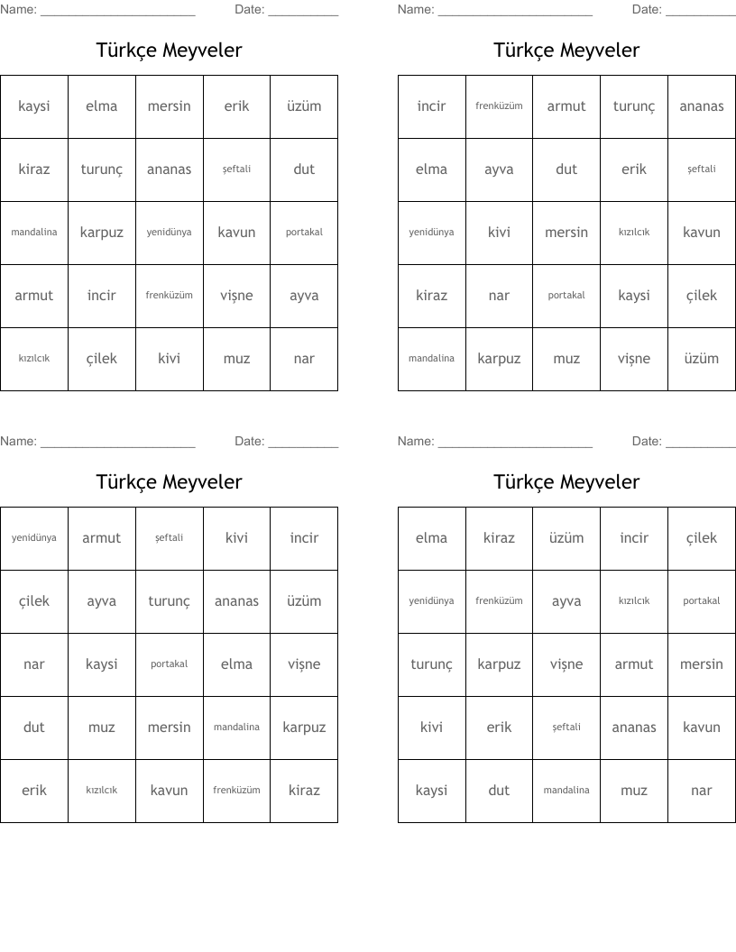 Türkçe Meyveler Bingo Cards