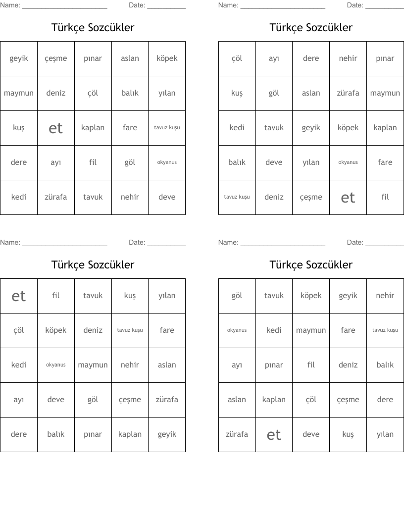 Türkçe Sozcükler Bingo Cards